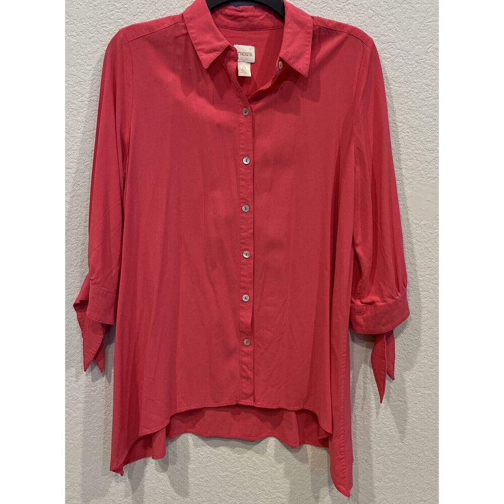 Chico’s Hot Pink Rayon Blend Button Down Blouse with Knotted 3/4 Sleeves Sz 0/Sm